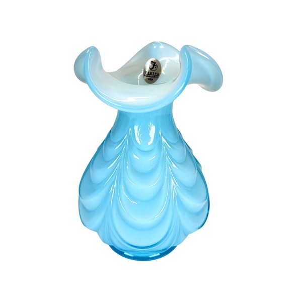 Fenton Other - Vintage Vase MCM Fenton Art Handcrafted Glass Blue Topaz Drapery Bud 6" USA